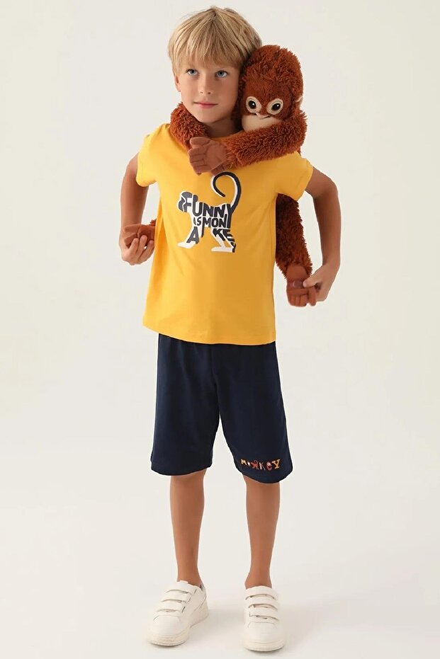 3361-G طقم شورت قطني ممشط للأولاد على شكل قرد - 1