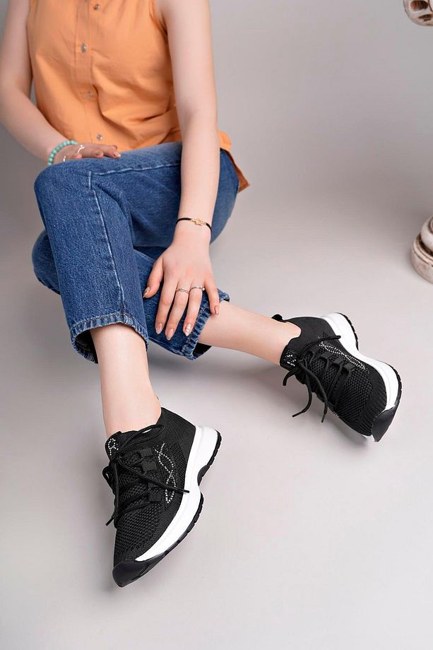 Kadın Bağcıklı Triko Poli Taban Spor Sneaker Ayakkabı-Siyah - 2