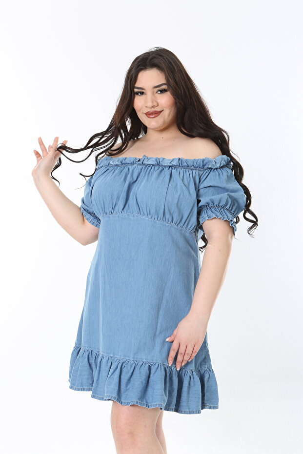 Women's Plus Size Blue Washed Denim Fabric Dress with Ruffled Hem and Off-The-Shoulder 65N38922