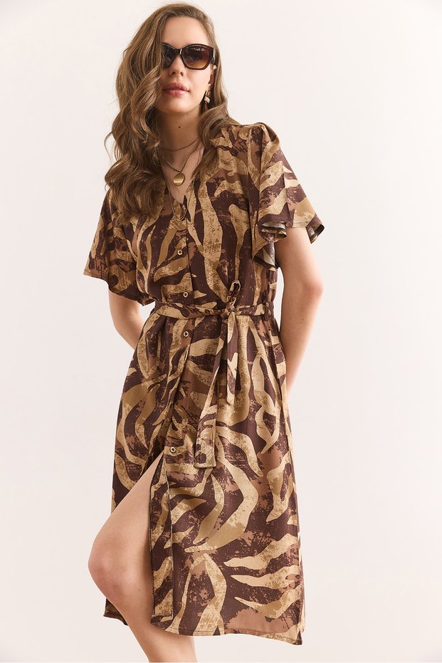 Women's Camel Brown V-Neck Belted Woven Mini Shirt Dress Elb-19002380