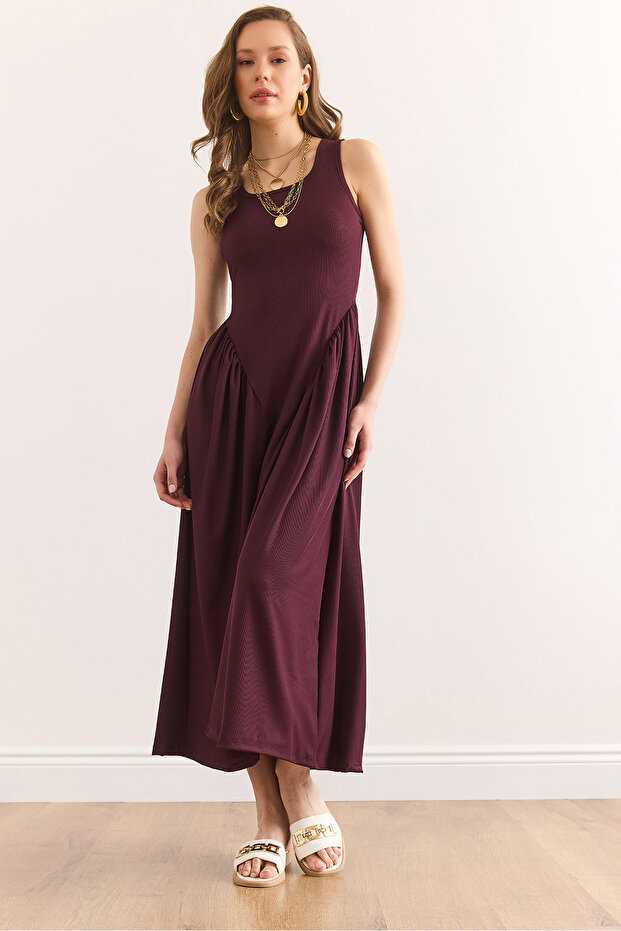 Women's Burgundy U Neck Soft Textured Maxi Stretch Dress Elb- 19002385