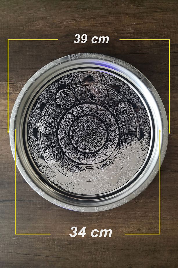 39 cm - Otantik Desenli Krom Çelik Meze ve Servis Tabağı, Salata Tabağı, Kebap Tabağı - 2