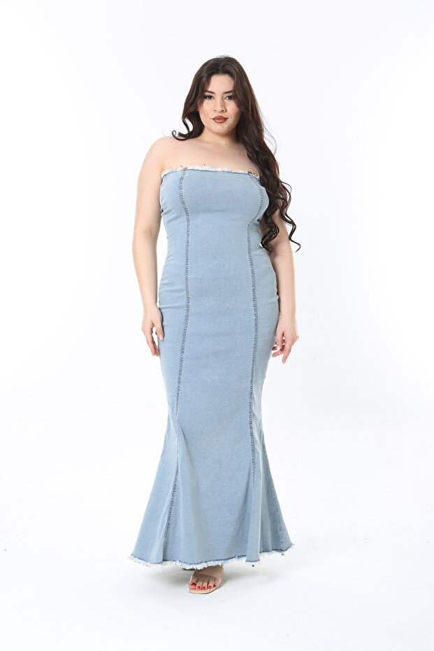 Women's Large Size Blue Washed Fabric Back Zipper Lycra Strapless Dress 65N38912