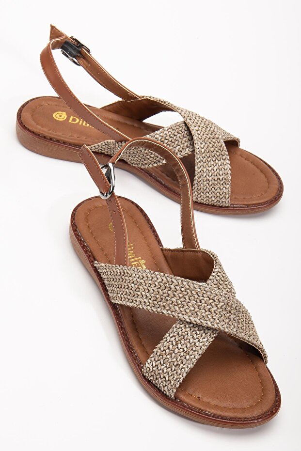 Women's Flat Heeled Sandals Mink Straw Cross Strap