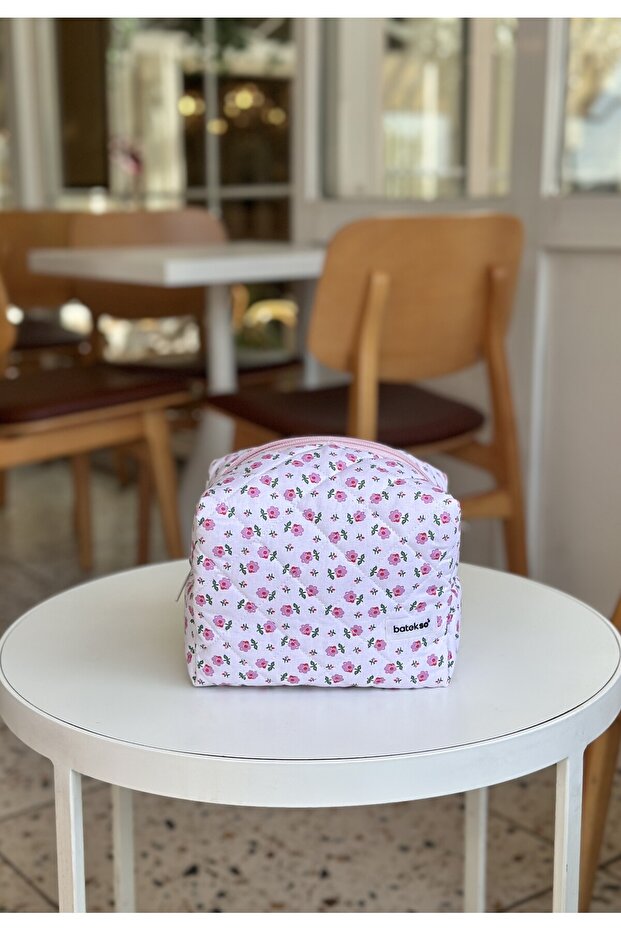 حقيبة مكياج صغيرة منقوشة بالزهور الوردية - حجم كبير - 3