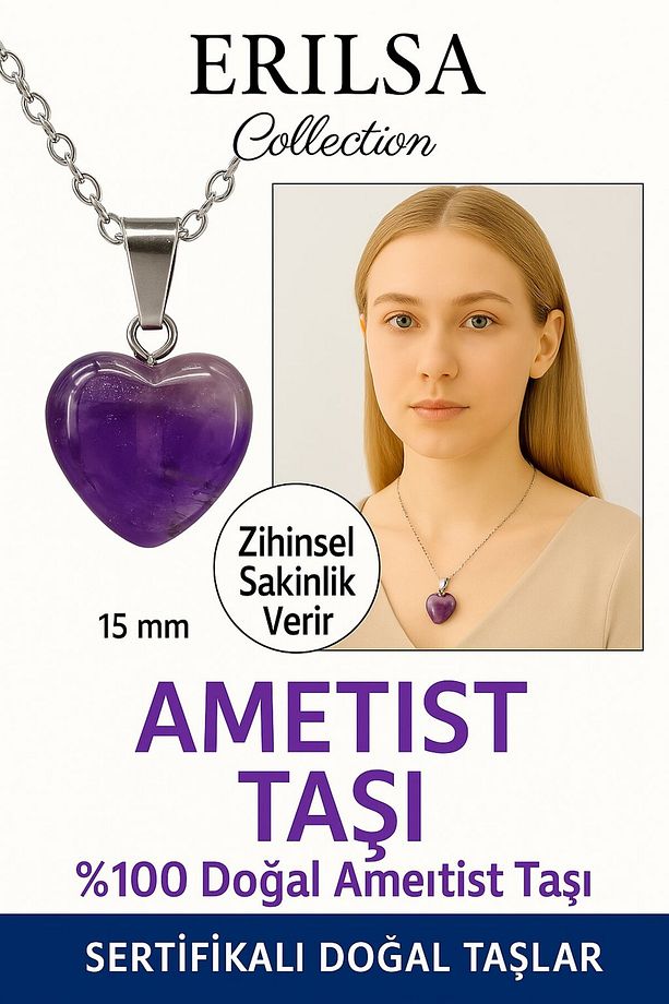 Sertifikalı Kalp Model Mini Ametist Kolye Sakinlik, Arınma ve Zihinsel Netlik Taşı - 1