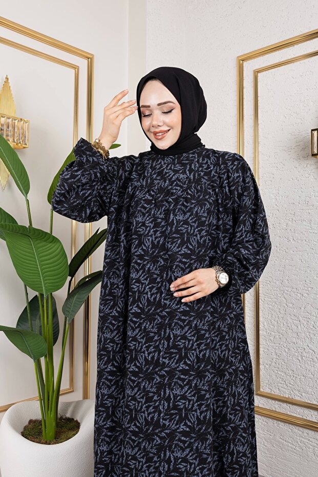 فستان فيسكوز منقوش مع روب - رمادي / E0126 - 3