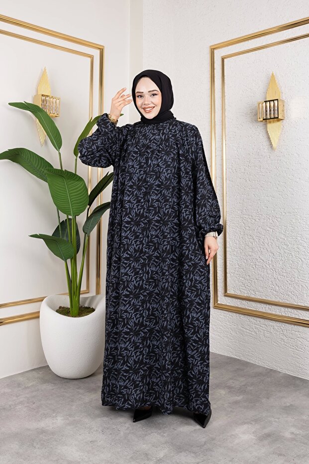 فستان فيسكوز منقوش مع روب - رمادي / E0126 - 1