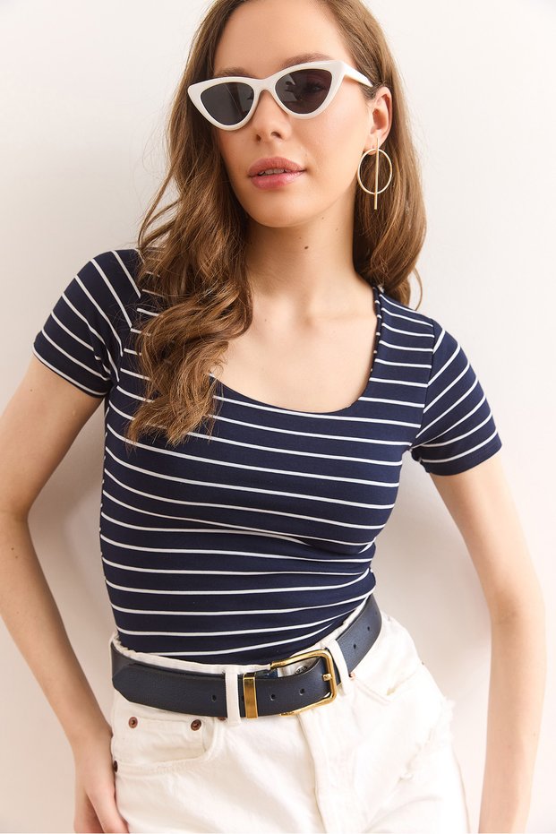Women's Navy Blue Striped Square Neck Stretch Cotton T-Shirt TSH-19000886