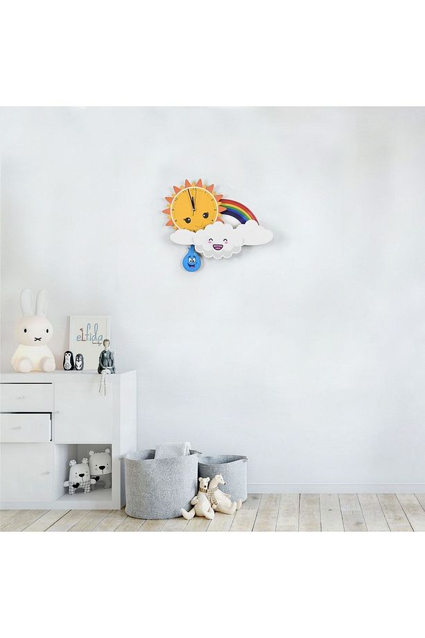 3D Sevimli Bulut, Güneş Ve Gökkuşağı Çocuk Odası Ahşap Duvar Saati - 3