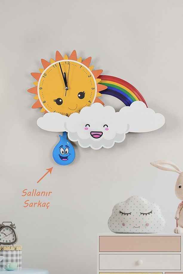 3D Sevimli Bulut, Güneş Ve Gökkuşağı Çocuk Odası Ahşap Duvar Saati - 1