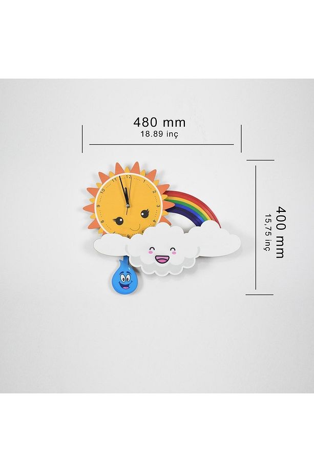 3D Sevimli Bulut, Güneş Ve Gökkuşağı Çocuk Odası Ahşap Duvar Saati - 4