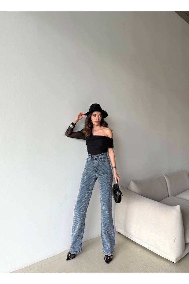 WOMEN'S STONE EMBELLISHED SHINY JEANS DENIM JEANS