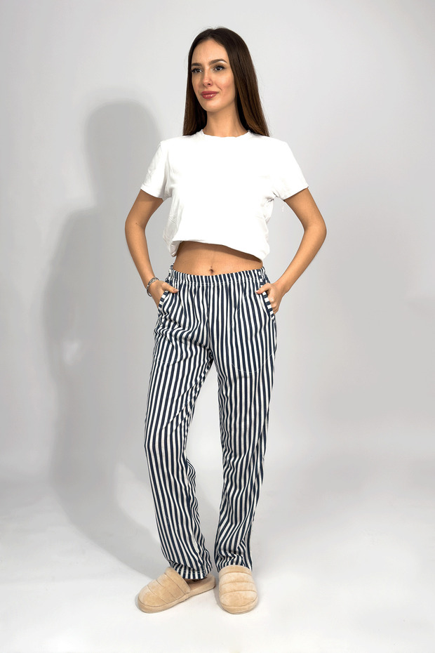Women's Pocketed Cotton Elastic Waist Ribbon Patterned Pajama Bottoms