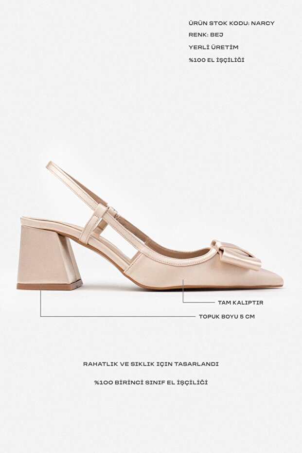 Narcy bézs szatén masni részletes hegyes orrú női sarkú cipő - 3