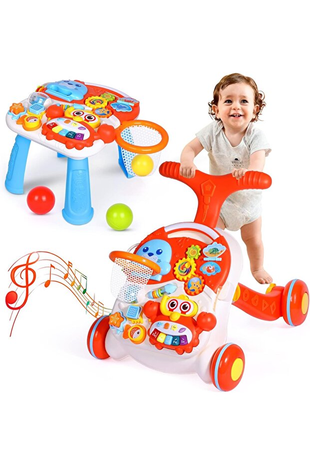 مشاية أطفال 2 في 1 للبنات والأولاد، مشاية تعلمية للجلوس والوقوف وطاولة مركز أنشطة - 1