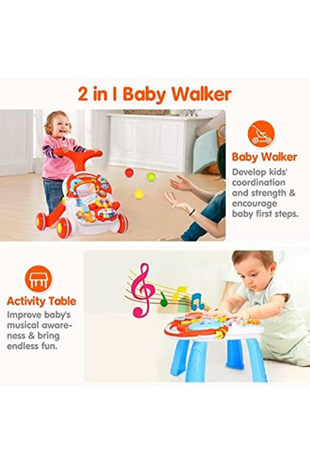 مشاية أطفال 2 في 1 للبنات والأولاد، مشاية تعلمية للجلوس والوقوف وطاولة مركز أنشطة - 6