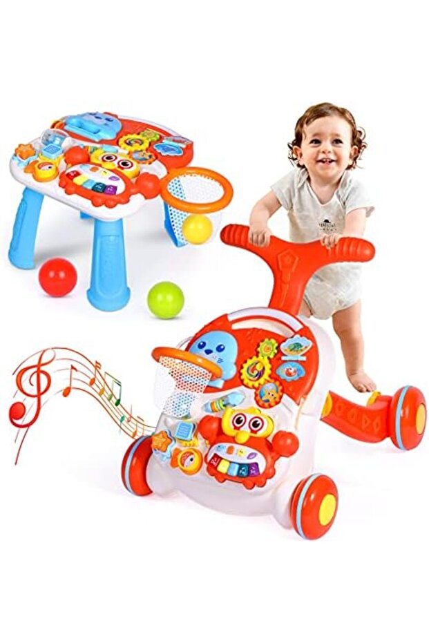 مشاية أطفال 2 في 1 للبنات والأولاد، مشاية تعلمية للجلوس والوقوف وطاولة مركز أنشطة - 2