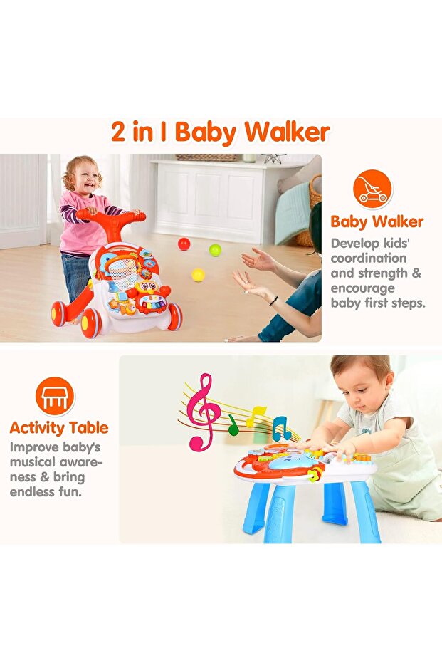 مشاية أطفال 2 في 1 للبنات والأولاد، مشاية تعلمية للجلوس والوقوف وطاولة مركز أنشطة - 5