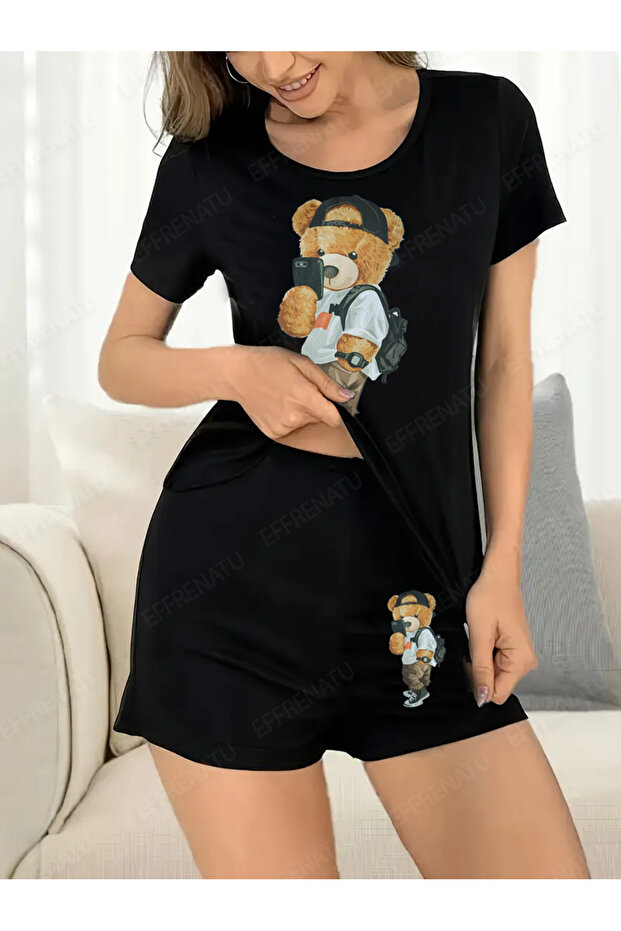 Hila Fashion Available in Plus Sizes Cute Bear Print Black and White T-Shirt and Shorts Set