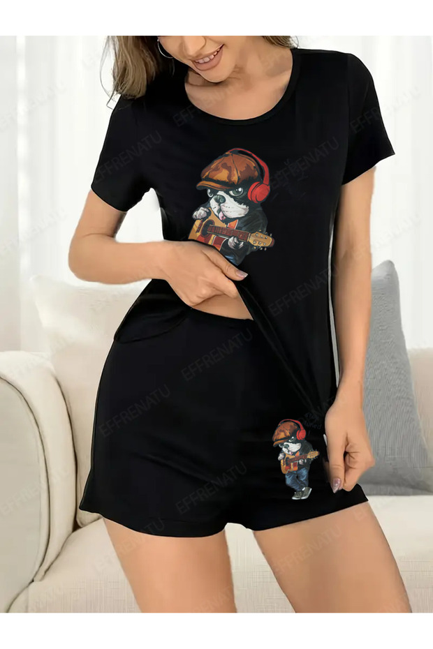 Hila Fashion Available in Plus Sizes Cute Bear Print Black and White T-Shirt and Shorts Set