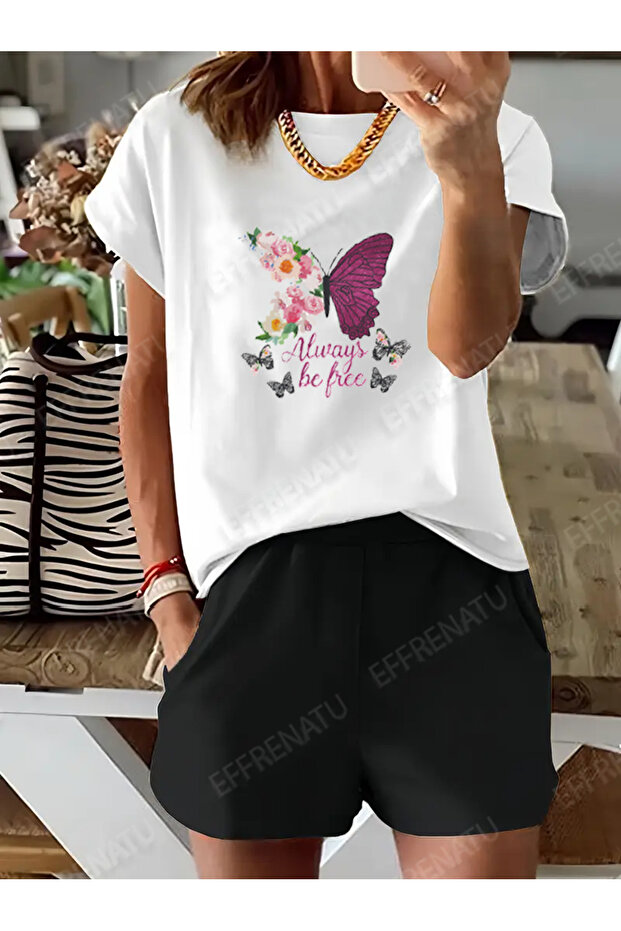 Available in Plus Sizes Cute Pattern Black and White T-Shirt and Shorts Set