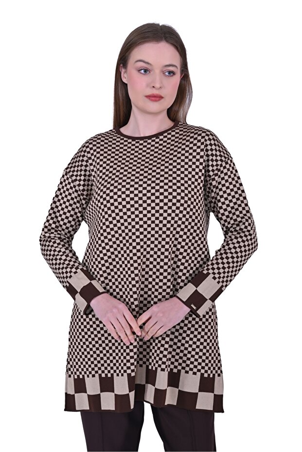 İNVEE 6873 Küp Desen Kahve Triko Tunik - 1