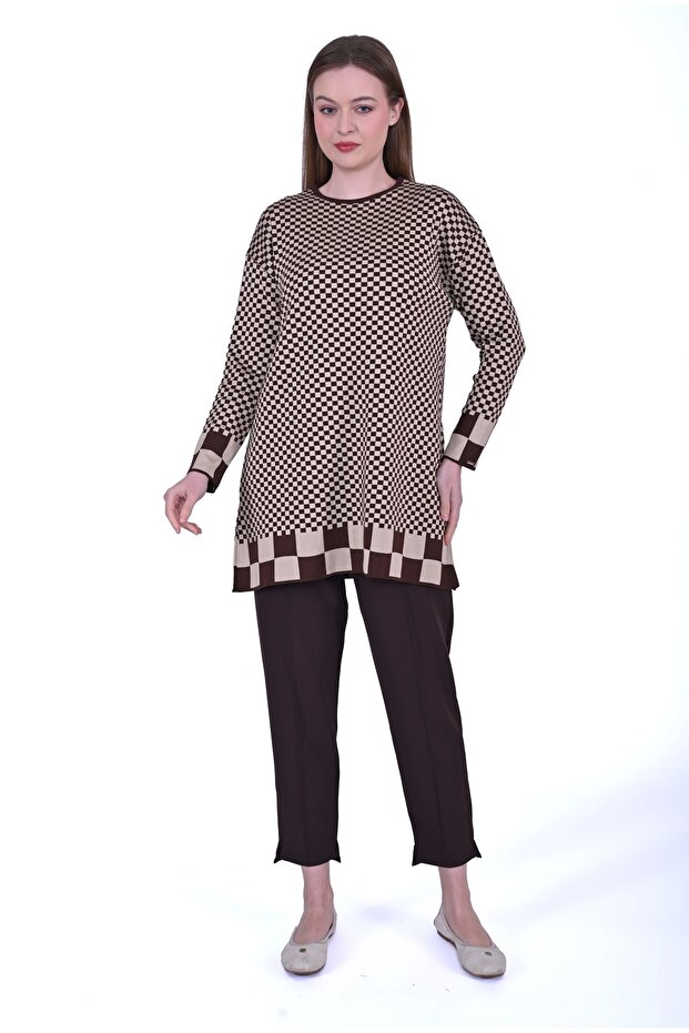 İNVEE 6873 Küp Desen Kahve Triko Tunik - 2