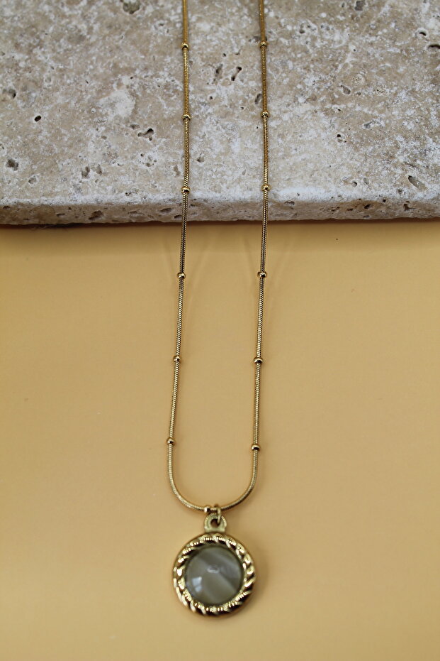 Gold Color Steel Necklace with Round Stone Detail