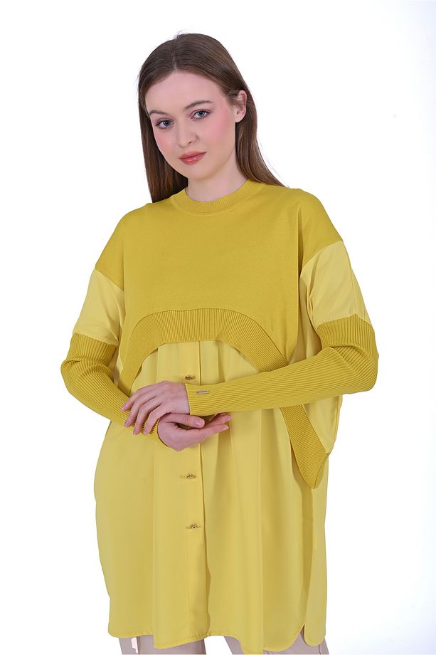 6883 Kumaş/triko Sarı Tunik - 2