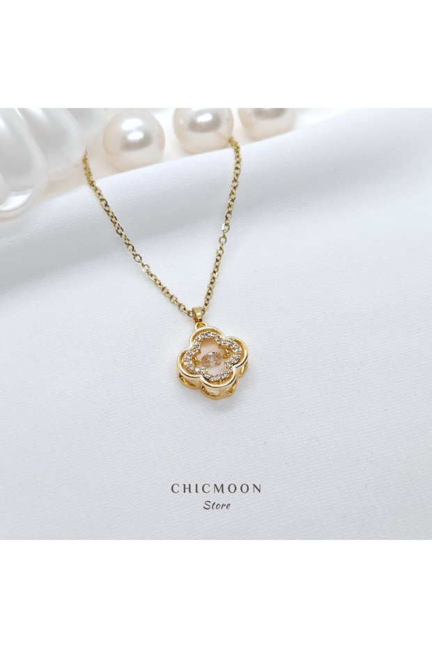 Steel Gold Color Zircon Stone Clover Necklace