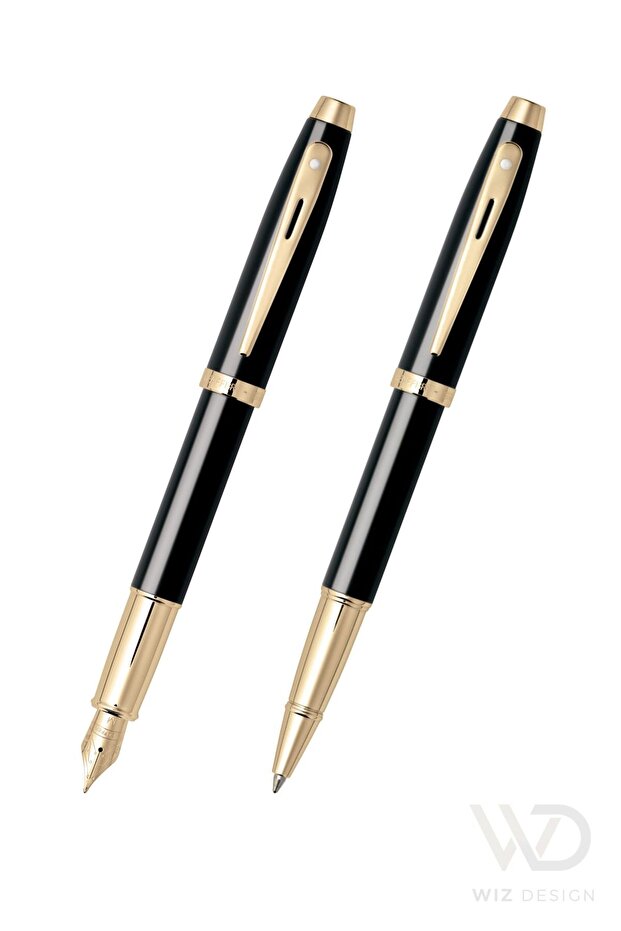 Wizdesign 100 Series Fountain Pen + Roller Pen Glossy Black Gold Set with Special Gift Box