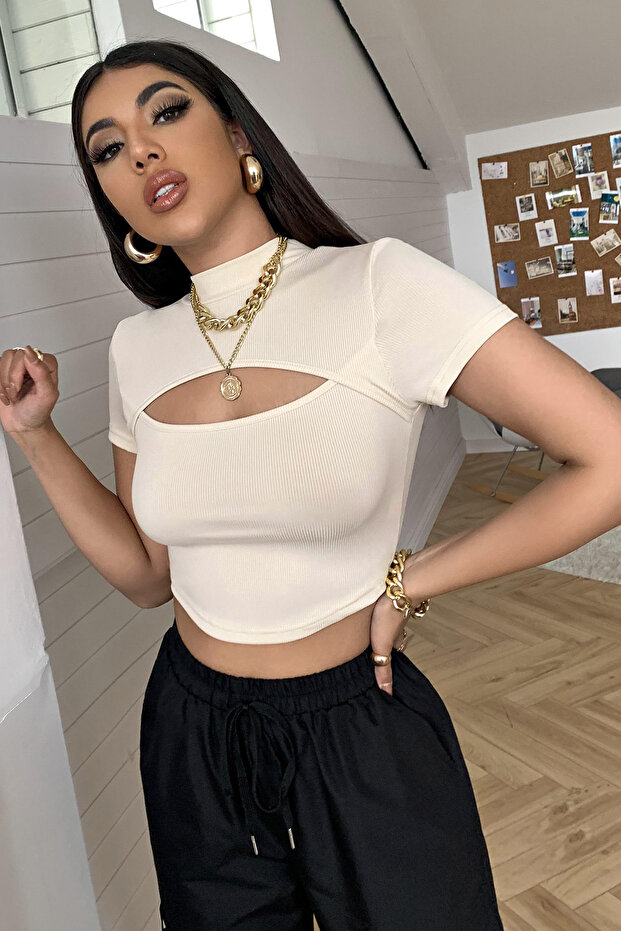 Women's Ecru Low-Cut Half Sleeve Cut Out Crop Top Blouse