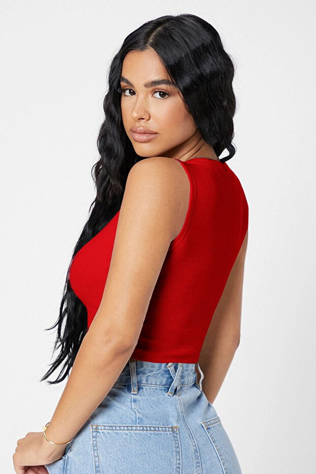 Women's Red Square Neck Crop Top Blouse