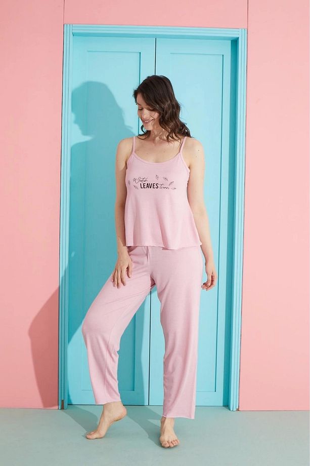 Askılı Altı Uzun Polyviskon Kumaş Pembe Pijama Takımı -2755 - 1