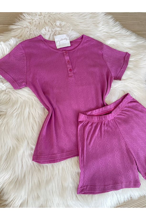 Pembe Düğme Detaylı Şortlu Pijama Takımı - 3