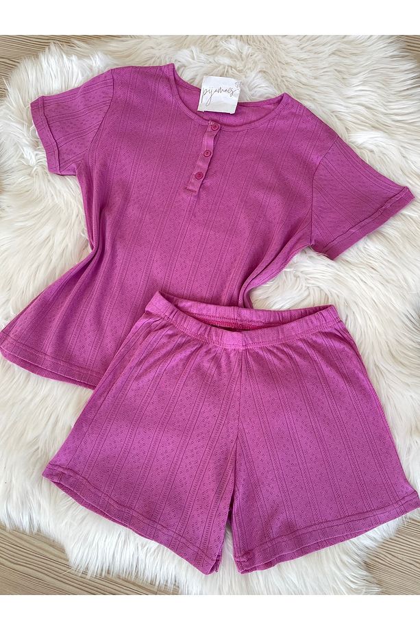 Pembe Düğme Detaylı Şortlu Pijama Takımı - 5