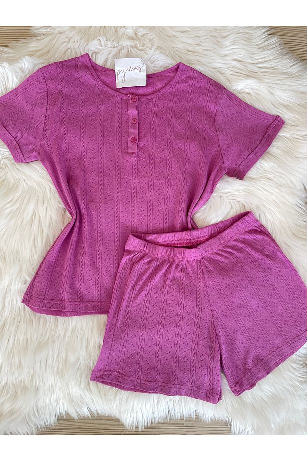 Pembe Düğme Detaylı Şortlu Pijama Takımı - 1