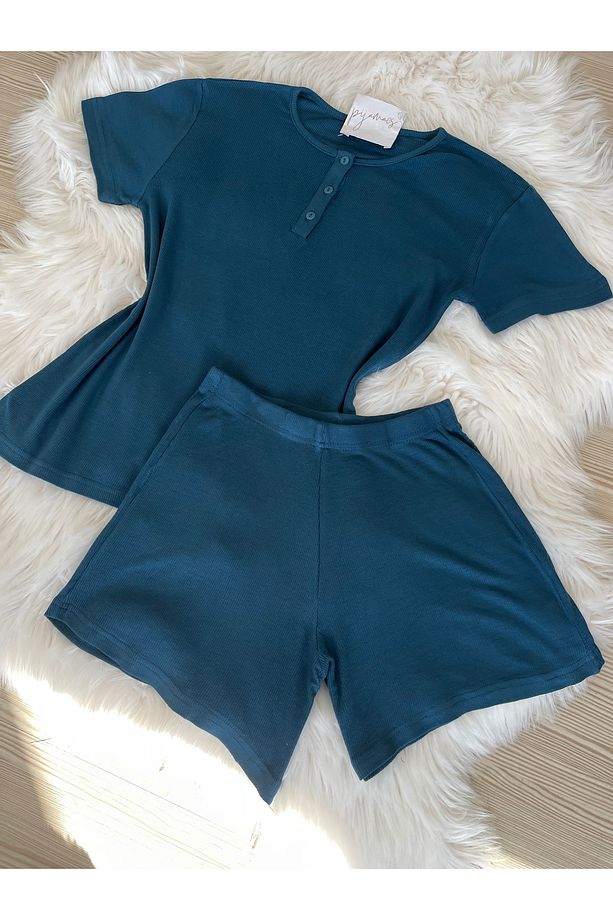Petrol Mavisi Düğme Detaylı Şortlu Pijama Takımı - 3