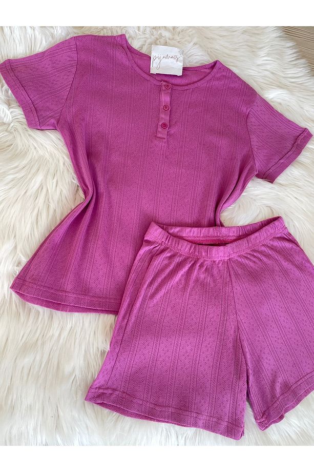 Pembe Düğme Detaylı Şortlu Pijama Takımı - 6