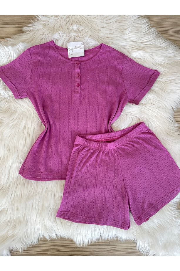 Pembe Düğme Detaylı Şortlu Pijama Takımı - 2