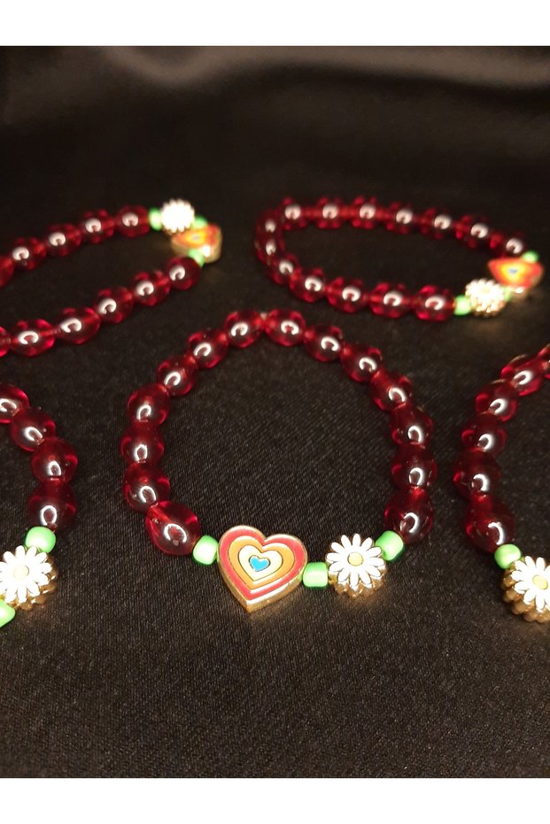 Heart and Flower Powder Amber Beaded Bracelet Colorful Design with Metal Detail