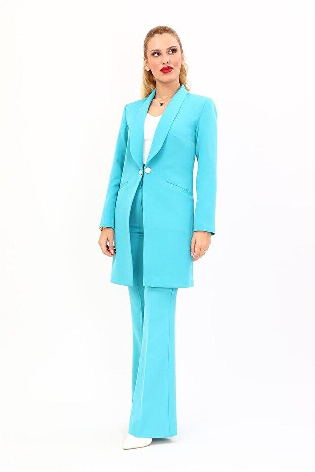Shawl Collar Pocketed Long Jacket & Spanish Flare Trousers-Turquoise - 1004530