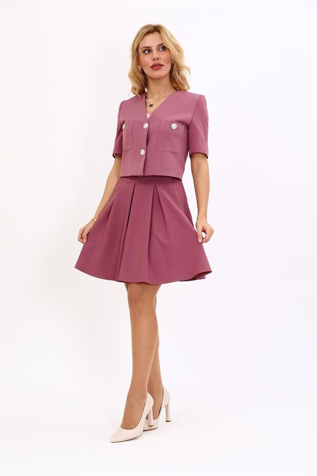 V-Neck Short Jacket & Short Flared Skirt-Rose - 1052542