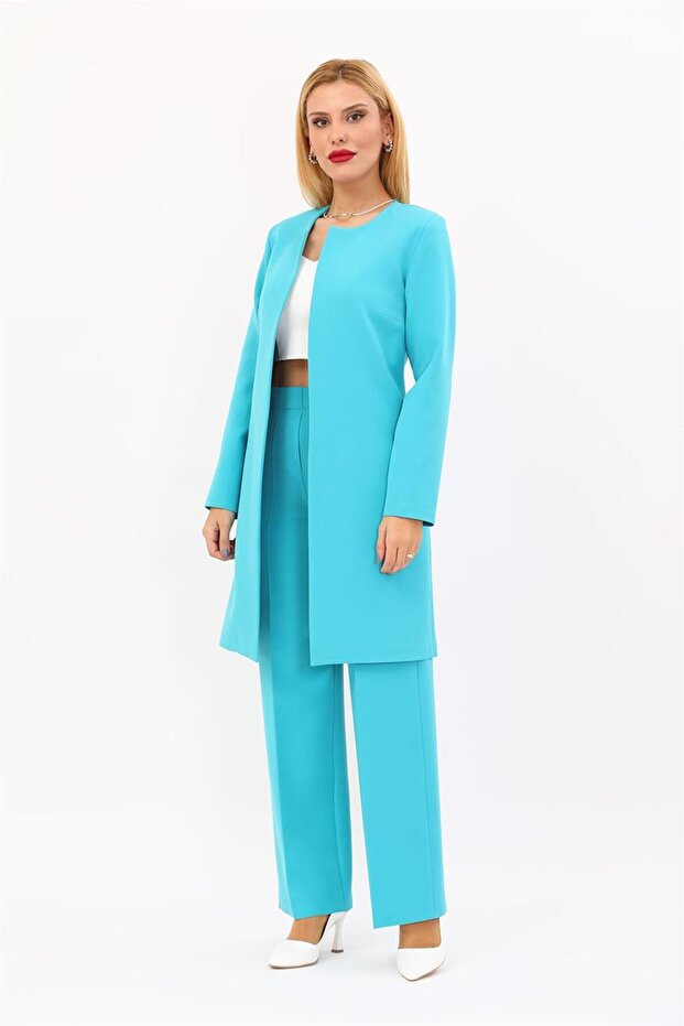 Zero Collar Plain Long Jacket & Wide Leg Trousers-Turquoise - 1005520