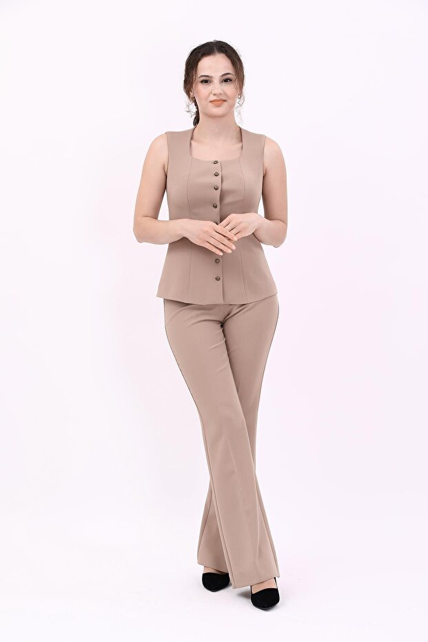 Kare Yaka Kuplu Yelek & İspanyol Paça Pantolon-Taş - 4