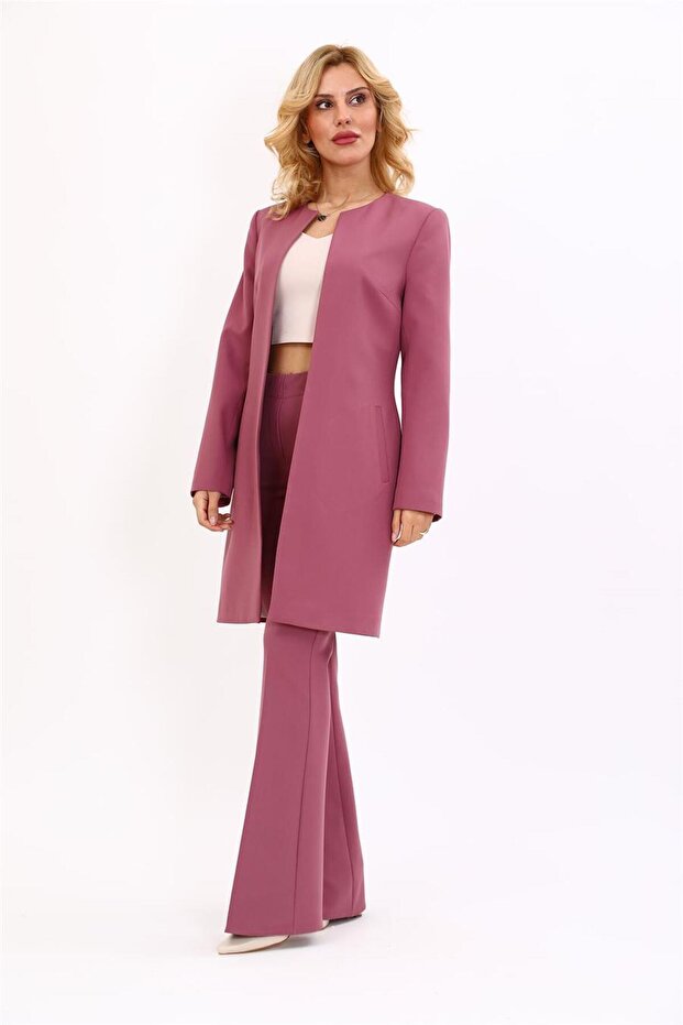 Zero Collar Plain Long Jacket & Spanish Flare Trousers-Rose - 1005530