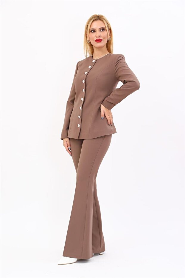 Zero Collar Buttoned Jacket & Spanish Flare Trousers - Brown - 1064530