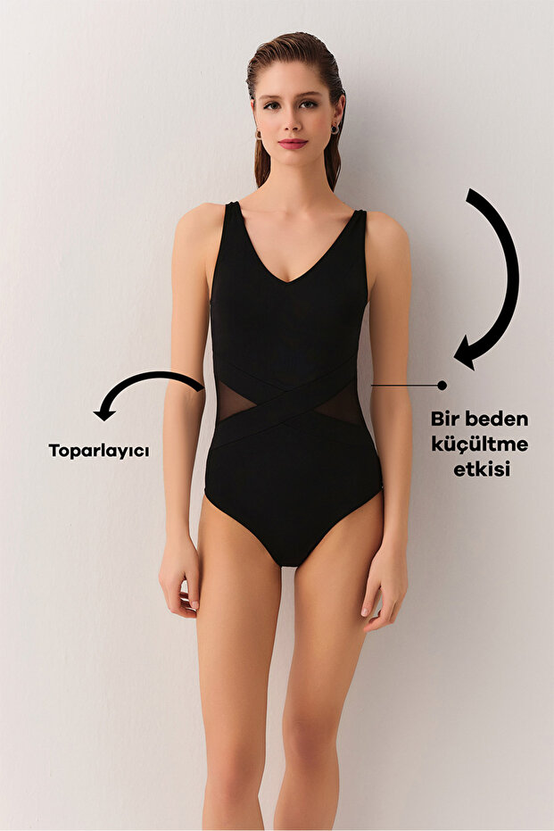 V-Neck Corset Gathered Tulle Swimsuit