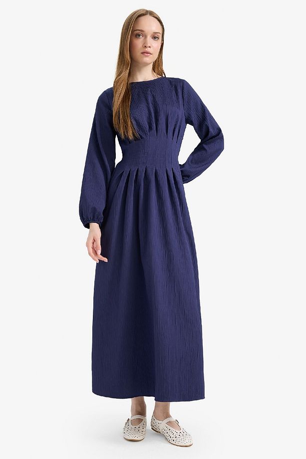 Regular Fit Bisiklet Yaka Uzun Kollu Maxi Elbise F2728AX25SP - 2